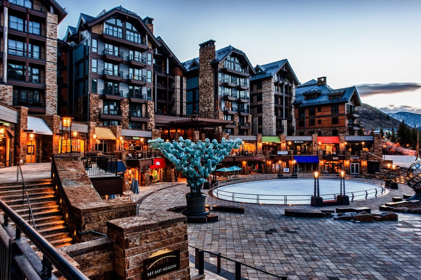 image of the Solaris Plaza Ice Skating Rink in the heart of Vail Village in the secluded morning hours